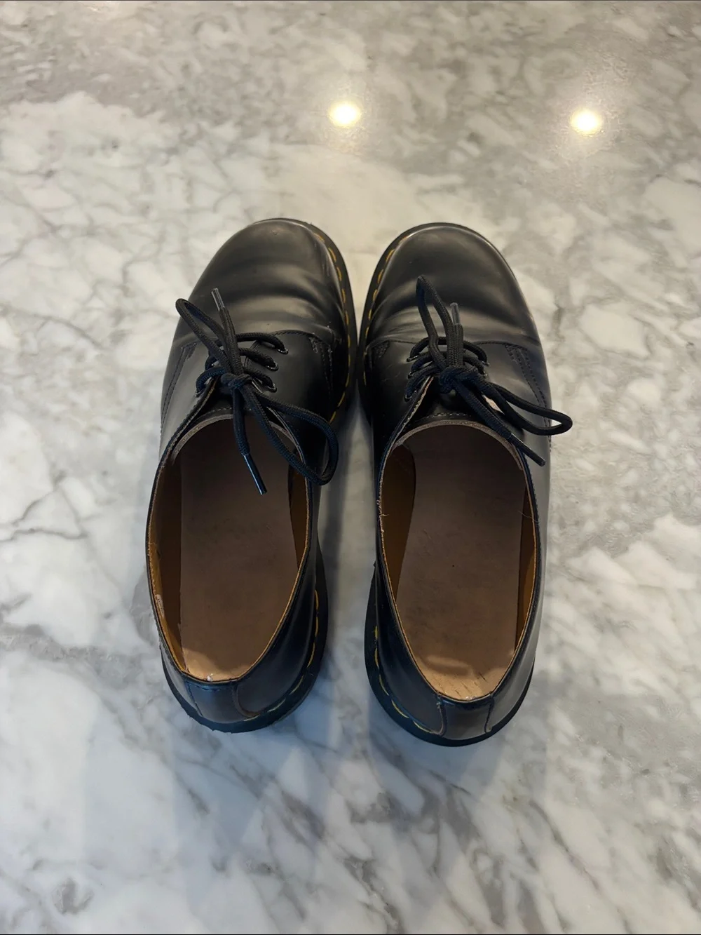 Dr. Martens Black Leather 3-Eye Derby Shoes with Yellow Stitching